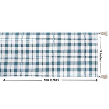 Folkulture Buffalo Check Table Runner with Tassels for Home Dining Table, Farmhouse Style Décor or Kitchen, 100% Cotton Linen Greyish-Blue Boho Table Runner, 14 x 108 inch Long