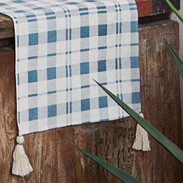 Folkulture Buffalo Check Table Runner with Tassels for Home Dining Table, Farmhouse Style Décor or Kitchen, 100% Cotton Linen Greyish-Blue Boho Table Runner, 14 x 108 inch Long