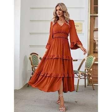 Amegoya Women's V Neck Long Sleeve Boho Maxi Dress Smocked Empire Waist Flowy Ruffle Tiered Photoshoot Dress (Burnt Orange M)