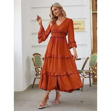 Amegoya Women's V Neck Long Sleeve Boho Maxi Dress Smocked Empire Waist Flowy Ruffle Tiered Photoshoot Dress (Burnt Orange M)