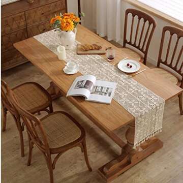 Bringsine Boho Crochet Table Runner with Tassels,Cotton Lace Rural Table Decor for Wedding Bridal Shower, Rustic Hollow Table Runners for Dining Room Farmhouse Party, Beige(13W*110L)