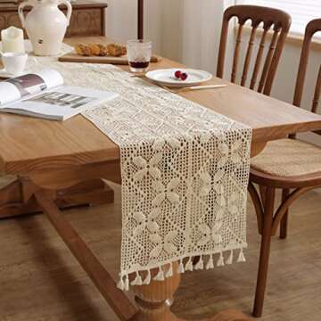 Bringsine Boho Crochet Table Runner with Tassels,Cotton Lace Rural Table Decor for Wedding Bridal Shower, Rustic Hollow Table Runners for Dining Room Farmhouse Party, Beige(13W*110L)