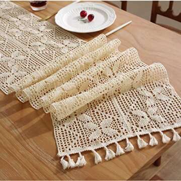 Bringsine Boho Crochet Table Runner with Tassels,Cotton Lace Rural Table Decor for Wedding Bridal Shower, Rustic Hollow Table Runners for Dining Room Farmhouse Party, Beige(13W*110L)