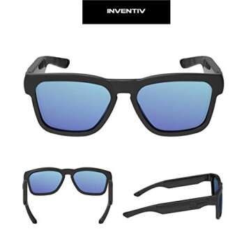 Inventiv Wireless Bluetooth Audio Sunglasses, Open Ear Headphones Music & Hands-Free Calling, for Men & Women, Polarized Glasses Lenses (Black Frame/Blue Tint)