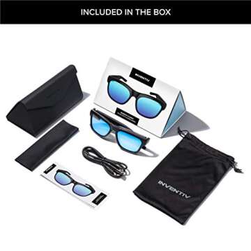 Inventiv Wireless Bluetooth Audio Sunglasses, Open Ear Headphones Music & Hands-Free Calling, for Men & Women, Polarized Glasses Lenses (Black Frame/Blue Tint)