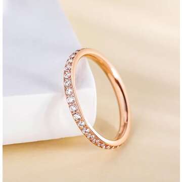TIGRADE 2mm Women Titanium Eternity Ring Cubic Zirconia Anniversary Wedding Engagement Band Size 3-1...