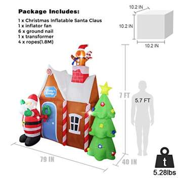 ASTEROUTDOOR 7ft Christmas Inflatable Decorations Gingerbread House with Santa Claus Blow Up Built-in LED Outdoor Indoor Yard Lighted for Holiday Season, Quick Air Blown, 7 Feet High