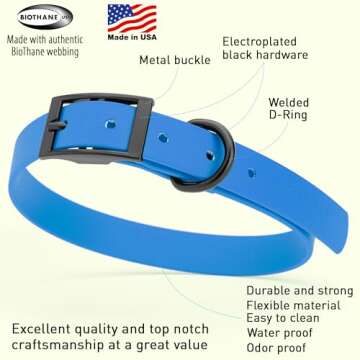 Dogline Biothane Waterproof Dog Collar Strong Coated Nylon Webbing with Black Hardware Odor- Proof for Easy Care Easy to Clean High Performance Fits Small Medium or Large Dogs, Cerulean Blue