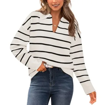 CFLONGE Women's 2024 Fall Winter Casual Breton Striped Long Sleeve Polo V Neck Pullover Sweater