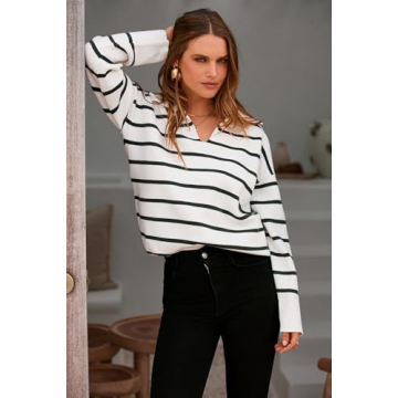 CFLONGE Women's Striped Long Sleeve Lightweight Pullover Sweater