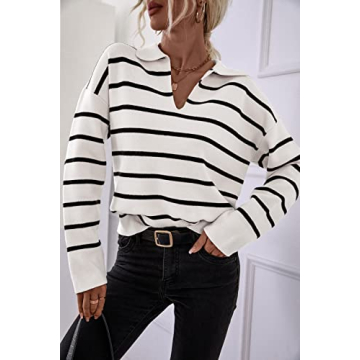 CFLONGE Women's Striped Long Sleeve Lightweight Pullover Sweater