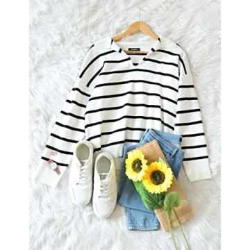 CFLONGE Women's Striped Long Sleeve Lightweight Pullover Sweater