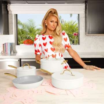 Paris Hilton Iconic Nonstick Pots and Pans Set, Multi-layer Nonstick Coating, Matching Lids With Gol...