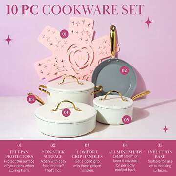 Paris Hilton Iconic Nonstick Pots and Pans Set, Multi-layer Nonstick Coating, Matching Lids With Gold Handles, Made without PFOA, Dishwasher Safe Cookware Set, 10-Piece, Cream