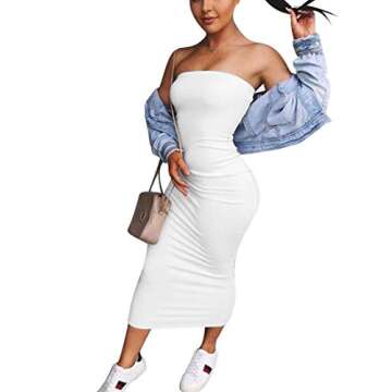 BORIFLORS Women's Basic Sleeveless Tube Top Sexy Strapless Bodycon Midi Club Dress,Small,White