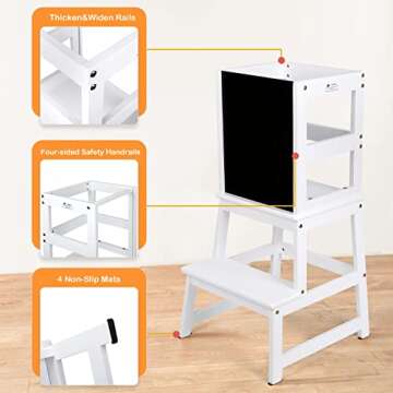 Kids Kitchen Step Stool with Chalkboard & Safety Rail for Toddlers 18 Months and Older, Safety Anti-Slip Protection, Removable Step Stool for Adult Use, White