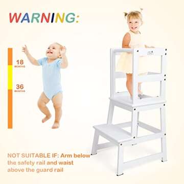 Kids Kitchen Step Stool with Chalkboard & Safety Rail for Toddlers 18 Months and Older, Safety Anti-Slip Protection, Removable Step Stool for Adult Use, White