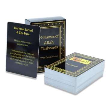 99 Names of Allah Flashcards with Quran Verses Asma UI Husna, 5 X 3.5 Inches, Black and Gold