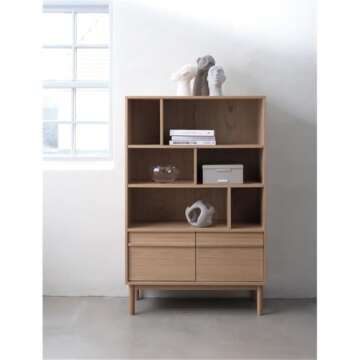 Unique Furniture 55.12''H Contemporary Storage Cabinet in Natural Oak Wood - Open Shelving and Funct...