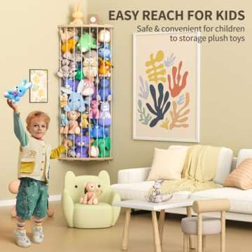 Jtksfcl Stuffed Animal Storage Wood Corner Plush Toys Holder with Star Pattern, Length Adjustable Hanging Stuffed Animal Toy Organizer Shelf for Nursery Play Room Bedroom Kid Room