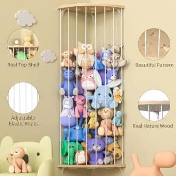 Jtksfcl Stuffed Animal Storage Wood Corner Plush Toys Holder with Star Pattern, Length Adjustable Hanging Stuffed Animal Toy Organizer Shelf for Nursery Play Room Bedroom Kid Room