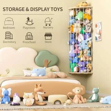 Jtksfcl Stuffed Animal Storage Wood Corner Plush Toys Holder with Star Pattern, Length Adjustable Hanging Stuffed Animal Toy Organizer Shelf for Nursery Play Room Bedroom Kid Room