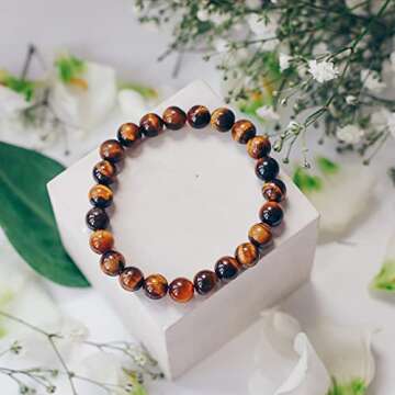 Crystal Vibe 8mm Beads Tiger Eye Bracelet for Women Men - Tiger Eye Crystal Bracelet for Spiritual H...