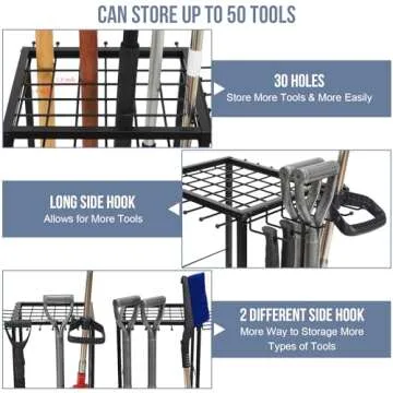 Garden Tool Organizer Holds 50 Long-Handled Tools/Rakes/Brooms/Shovles for Garage Organization and Storage, Shed, Outdoor, Lawn, Heavy-Duty Steel, Black, Easy Assembly
