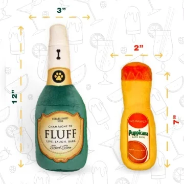 Bark Bros - Paw-mosa Mimosa Champagne OJ Plush Squeaky Dog Toy Bottle Parody Two Pack - Dog Birthday Toy - Cute Dog Toys - Dog Gifts - Puppy Gifts - Alcohol Dog Toy - Funny Dog Toy - Boy/Girl Dog Toys