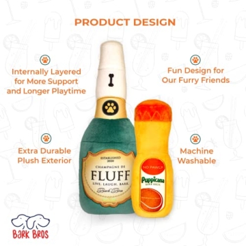 Bark Bros - Paw-mosa Mimosa Champagne OJ Plush Squeaky Dog Toy Bottle Parody Two Pack - Dog Birthday Toy - Cute Dog Toys - Dog Gifts - Puppy Gifts - Alcohol Dog Toy - Funny Dog Toy - Boy/Girl Dog Toys