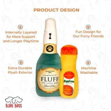 Bark Bros - Paw-mosa Mimosa Champagne OJ Plush Squeaky Dog Toy Bottle Parody Two Pack - Dog Birthday Toy - Cute Dog Toys - Dog Gifts - Puppy Gifts - Alcohol Dog Toy - Funny Dog Toy - Boy/Girl Dog Toys