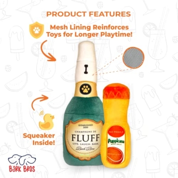 Bark Bros - Paw-mosa Mimosa Champagne OJ Plush Squeaky Dog Toy Bottle Parody Two Pack - Dog Birthday Toy - Cute Dog Toys - Dog Gifts - Puppy Gifts - Alcohol Dog Toy - Funny Dog Toy - Boy/Girl Dog Toys
