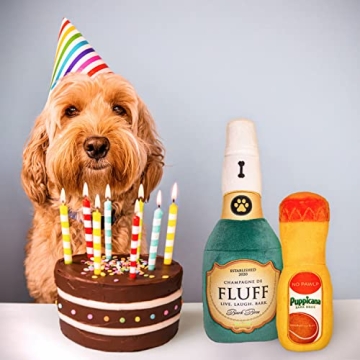 Bark Bros - Paw-mosa Mimosa Champagne OJ Plush Squeaky Dog Toy Bottle Parody Two Pack - Dog Birthday Toy - Cute Dog Toys - Dog Gifts - Puppy Gifts - Alcohol Dog Toy - Funny Dog Toy - Boy/Girl Dog Toys