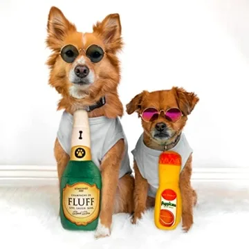 Bark Bros - Paw-mosa Mimosa Champagne OJ Plush Squeaky Dog Toy Bottle Parody Two Pack - Dog Birthday Toy - Cute Dog Toys - Dog Gifts - Puppy Gifts - Alcohol Dog Toy - Funny Dog Toy - Boy/Girl Dog Toys