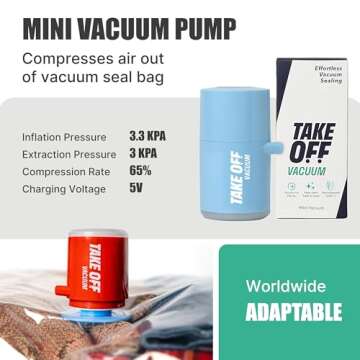 TAKE OFF Mini Vacuum Rechargeable Pump, Reduce Original Volume, Vacuum Seal Air Compression, Lightweight and Portable Travel Vacuum Pump, For Travel Space Saving and for Vacuum Seal Bags, Blue