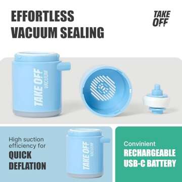 TAKE OFF Mini Vacuum Rechargeable Pump, Reduce Original Volume, Vacuum Seal Air Compression, Lightweight and Portable Travel Vacuum Pump, For Travel Space Saving and for Vacuum Seal Bags, Blue