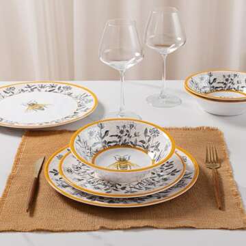 LEHAHA Honeycomb Bee Sweet 12-Piece Melamine Dinnerware Set,Melamine Dishes Set of 4, Lightweight and Unbreakable Garden Floral Dinner Plates and Side plates and All-purpose Bowls Set