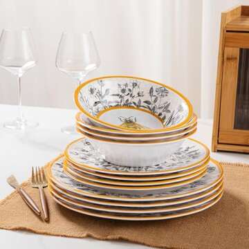 LEHAHA Honeycomb Bee Sweet 12-Piece Melamine Dinnerware Set,Melamine Dishes Set of 4, Lightweight and Unbreakable Garden Floral Dinner Plates and Side plates and All-purpose Bowls Set