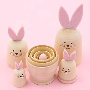 Winterworm Set 5 Pieces Unpainted Bunny Wooden Russian Nesting Dolls Rabbit Matryoshka Dolls with Pink Ears for Kids Stacking Drawing Toy DIY Craft Christmas Birthday Easter Eggs Gift