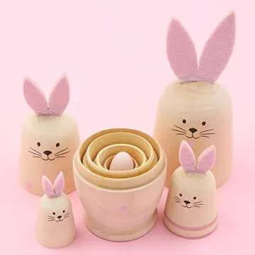 Winterworm Set 5 Pieces Unpainted Bunny Wooden Russian Nesting Dolls Rabbit Matryoshka Dolls with Pink Ears for Kids Stacking Drawing Toy DIY Craft Christmas Birthday Easter Eggs Gift
