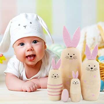 Winterworm Set 5 Pieces Unpainted Bunny Wooden Russian Nesting Dolls Rabbit Matryoshka Dolls with Pink Ears for Kids Stacking Drawing Toy DIY Craft Christmas Birthday Easter Eggs Gift
