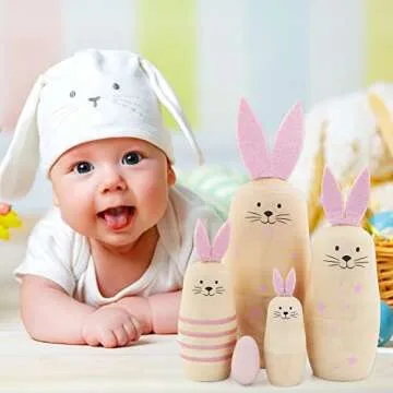 Winterworm Set 5 Pieces Unpainted Bunny Wooden Russian Nesting Dolls Rabbit Matryoshka Dolls with Pink Ears for Kids Stacking Drawing Toy DIY Craft Christmas Birthday Easter Eggs Gift