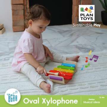PlanToys Oval Xylophone Toddler Musical Instruments - Sustainably-Made Wooden Xylophone with 5 Colorful Panels , Sturdy Handle for Easy Grip, and Wooden Mallet