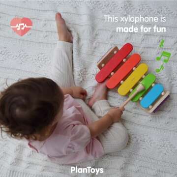 PlanToys Oval Xylophone Toddler Musical Instruments - Sustainably-Made Wooden Xylophone with 5 Colorful Panels , Sturdy Handle for Easy Grip, and Wooden Mallet
