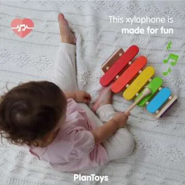 PlanToys Oval Xylophone Toddler Musical Instruments - Sustainably-Made Wooden Xylophone with 5 Colorful Panels , Sturdy Handle for Easy Grip, and Wooden Mallet
