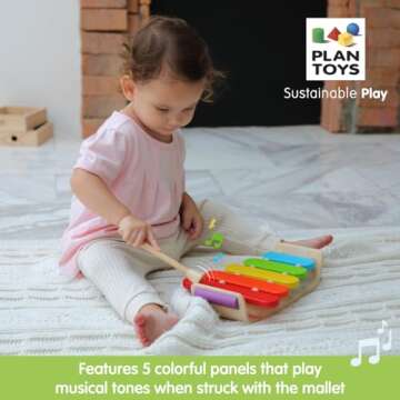 PlanToys Oval Xylophone Toddler Musical Instruments - Sustainably-Made Wooden Xylophone with 5 Colorful Panels , Sturdy Handle for Easy Grip, and Wooden Mallet
