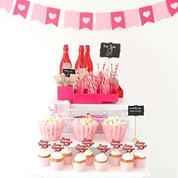 24 PCS Happy Valentine's Day Cupcake Toppers Glitter Sweet Love Be Mine Valentines Cupcake Picks Valentine's Day Theme Birthday Party Cake Decorations Supplies Red