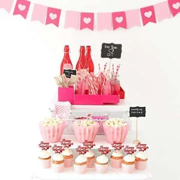 24 PCS Happy Valentine's Day Cupcake Toppers Glitter Sweet Love Be Mine Valentines Cupcake Picks Valentine's Day Theme Birthday Party Cake Decorations Supplies Red