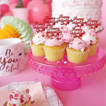 24 PCS Happy Valentine's Day Cupcake Toppers Glitter Sweet Love Be Mine Valentines Cupcake Picks Valentine's Day Theme Birthday Party Cake Decorations Supplies Red