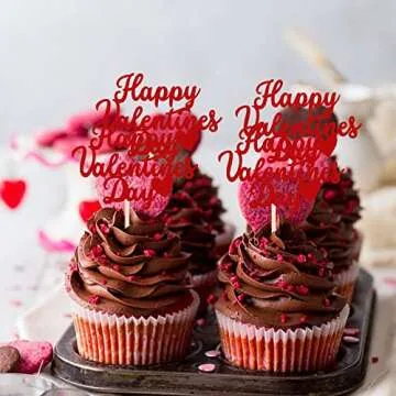 24 PCS Happy Valentine's Day Cupcake Toppers Glitter Sweet Love Be Mine Valentines Cupcake Picks Valentine's Day Theme Birthday Party Cake Decorations Supplies Red